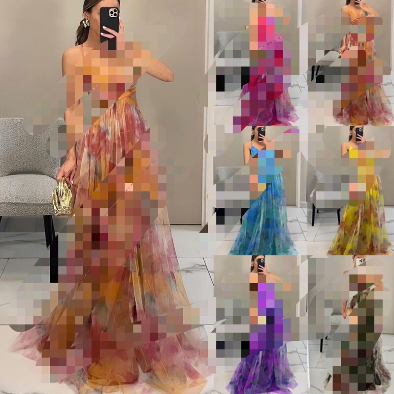 2025 Cross-Border European and American Spring and Summer New Mesh Printed Suspender Dress Ins Vacation Casual Party Dress