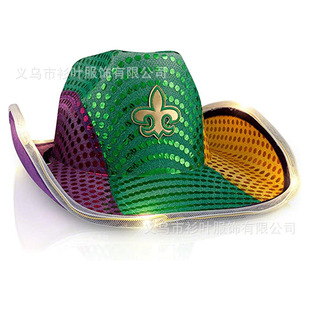 Carnival Sequined Cowboy Hat with Lights Green and Purple Color Matching Western Style Led Light Fantasy Composite Shaped Led Hat