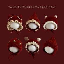 婴儿毛线帽子秋冬复古红色新年喜庆针织帽冬天防风保暖宝宝护耳帽