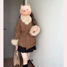 甜美少女绒外套收腰羽绒服女中长款保暖毛领小个子显瘦鸭加厚冬季