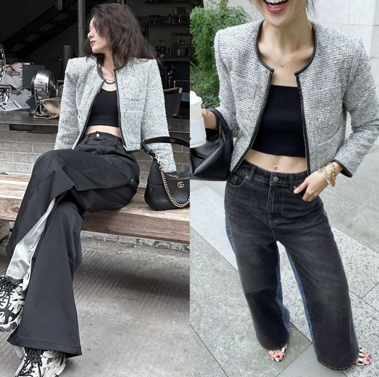 【亏清180】RA小香风马海毛亮片粗花呢蛋白pu皮气质撞色小外套