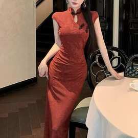 复古国风印花盘扣包袖连衣裙女名媛紧身优雅收腰包臀长裙跨境批发