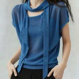 蓝色飘带设计微透针织衫女夏季新款短袖上衣时尚气质大码女装