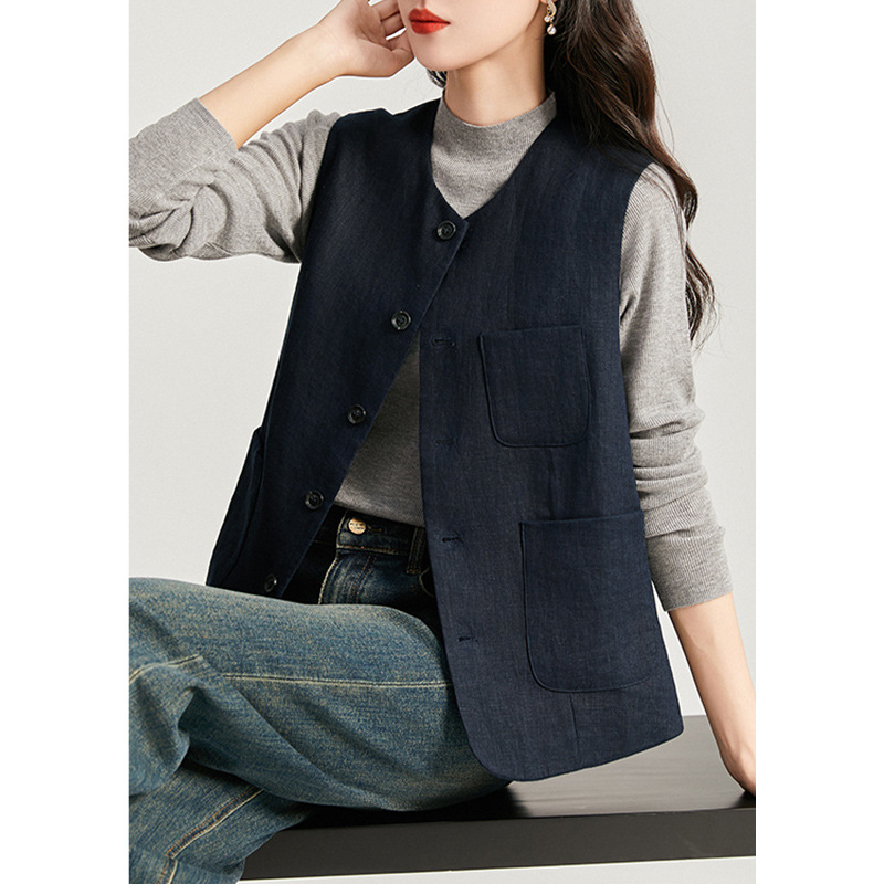 여성을위한 레트로 하이 엔드 모시 라운드 넥 민소매 조끼 재킷 가을 2025 새로운 기질 연령 감소 다목적 조끼