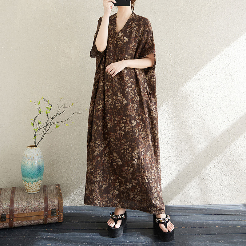 外贸欧美慵懒风夏季V领薄棉大码连衣裙宽松度假风沙滩裙长袍