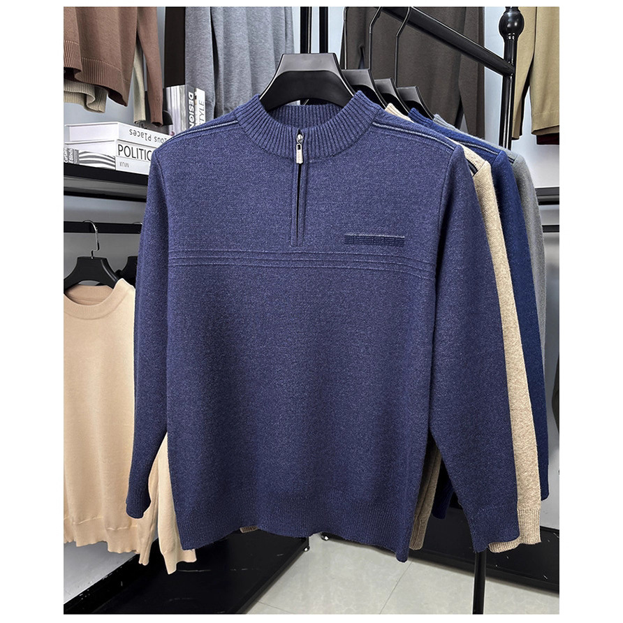 Otoño y invierno nuevo hombre medio cuello cremallera camiseta de punto de moda casual calentamiento suéter de manga larga camiseta de punto