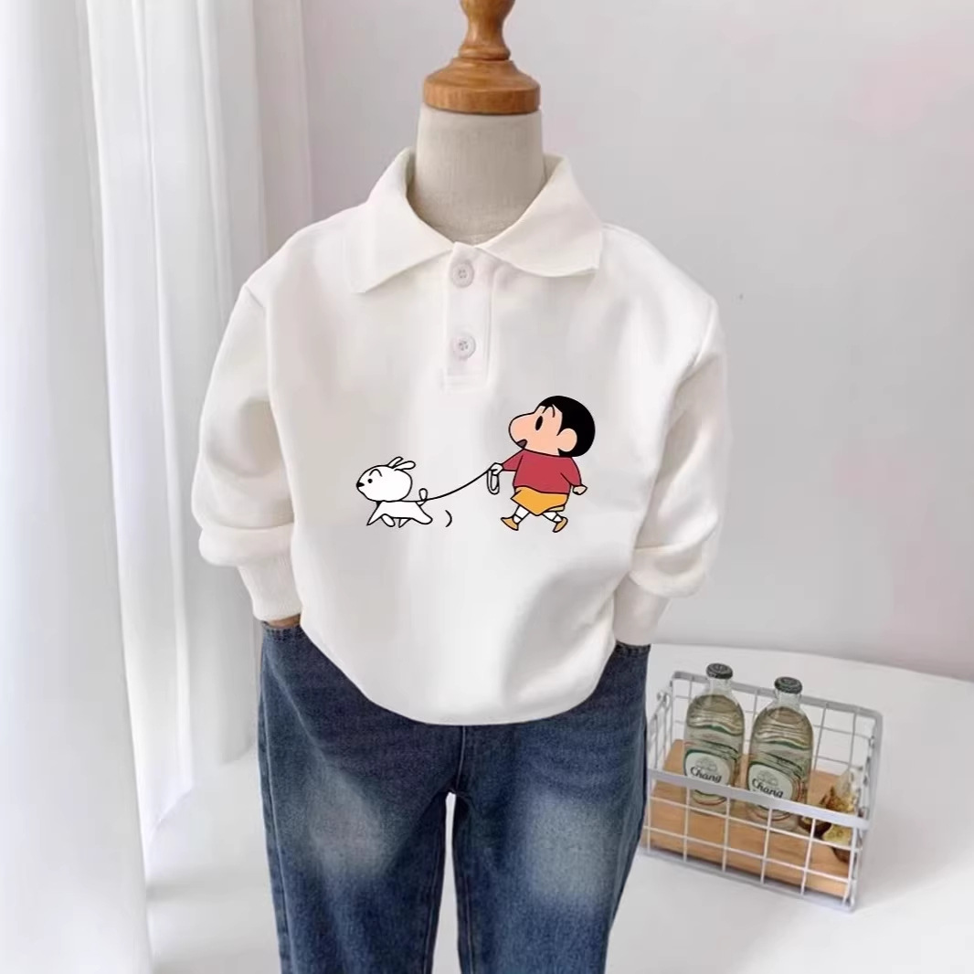 New autumn/winter children's pure cotton collared pullover long-sleeved top, boys' and girls' cartoon Shin-chan cute polo shirt