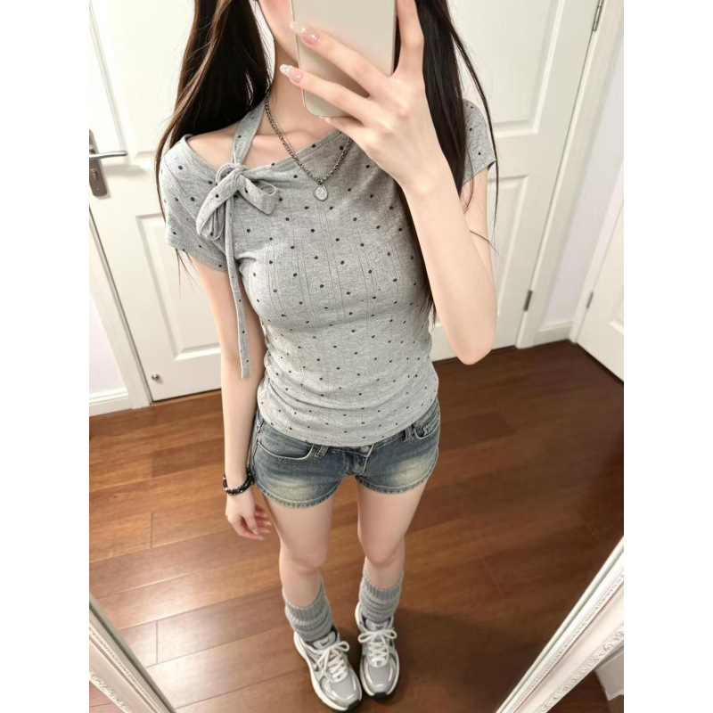 Polka Dot Short-Sleeved T-Shirt for Women in Summer, Slim Fit, Slimming, Bow Tie, Hot Girl Top, Fashionable and Versatile