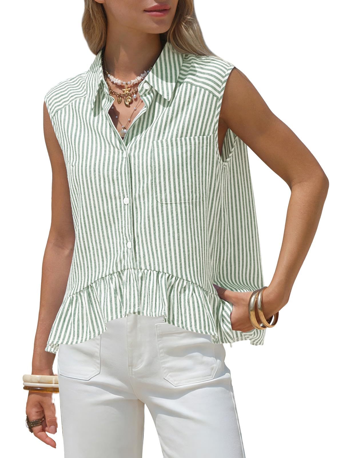 Women's Sleeveless Striped Shirt Casual Button-Up Top Summer Style American Clothing Polyester Blouse_ecoleips.com
