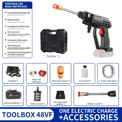 Carwasher Lithium Battery Portable High pressure car wash water gun - 8108-high-pressure-water-gun-black-10-electric-48hv-tool-box