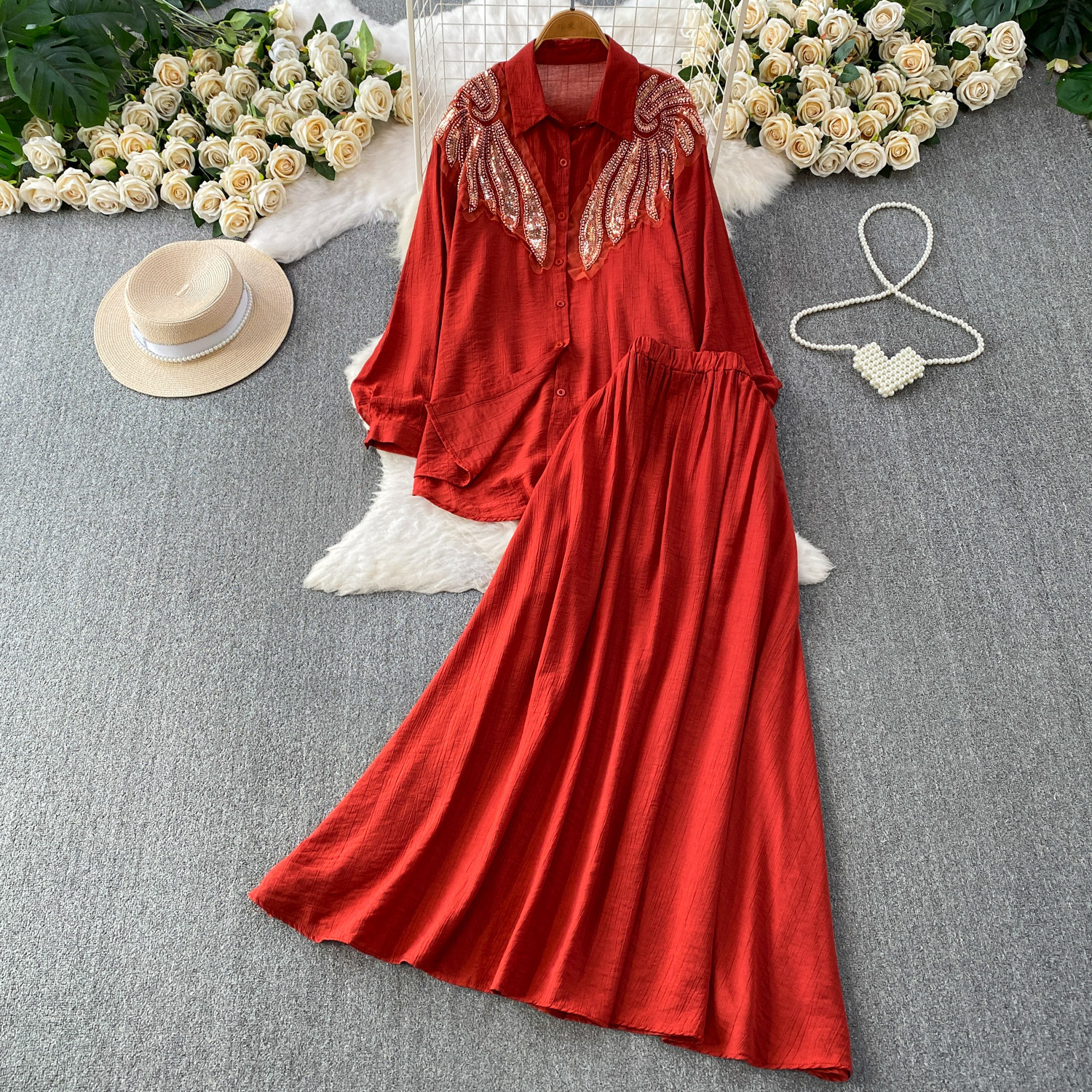 European Style Embroidered Pearl & Sequin Blouse With Mid-Length Skirt Set - Elegant Oversized Office Wear Two-Piece Outfit_ecoleips.com