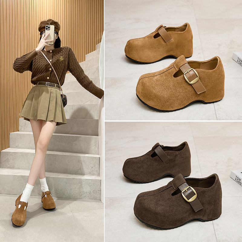 2025秋冬真皮厚底豆豆鞋加绒博肯鞋大头休闲单鞋松糕鞋乐福鞋复古