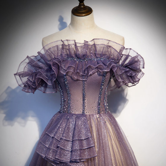 Purple evening dress 2024 new spring women's off-shoulder elegant temperament long chorus costume dress