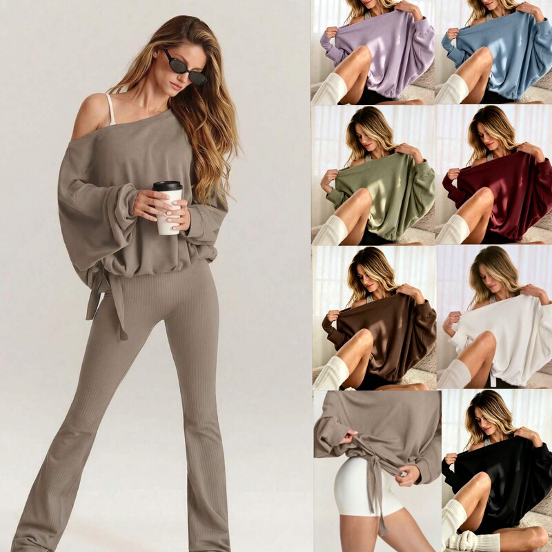 2026 European and American Cross-Border Women's Fashion Loose Solid Color Adjustable Waist Drawstring Hem One-Shoulder Pullover Sweatshirt 2026 European and American Cross-Border Women's Fashion Loose Solid Color Adjustable Waist Drawstring Hem One-Shoulder Pullover Sweatshirt