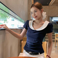 韓国ネイビーブルー人形襟ショルダー半袖 Tシャツ女性の夏スリムフィットユニークな美しいトップス女性の卸売