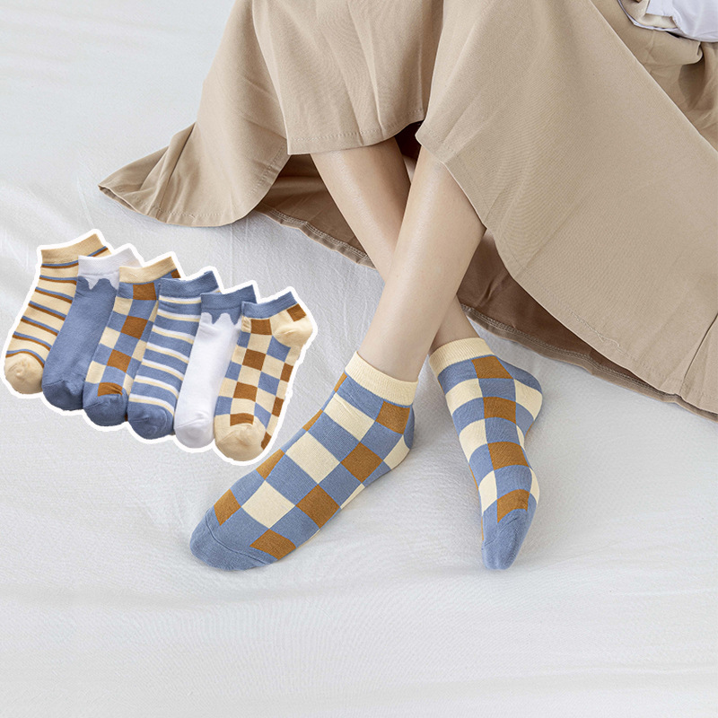 Socks Women's Short Socks Spring New Japanese Plaid Boat Socks Contrast Color Women's Socks Cotton Socks Cream Flowing Street ins Tide