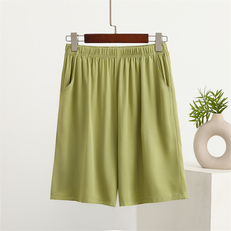 Summer Twill Cotton Women's Pocket Shorts, Solid Color, Cool Rayon Loose Wide-Leg Pants, Sleepwear, Thin Casual Pants