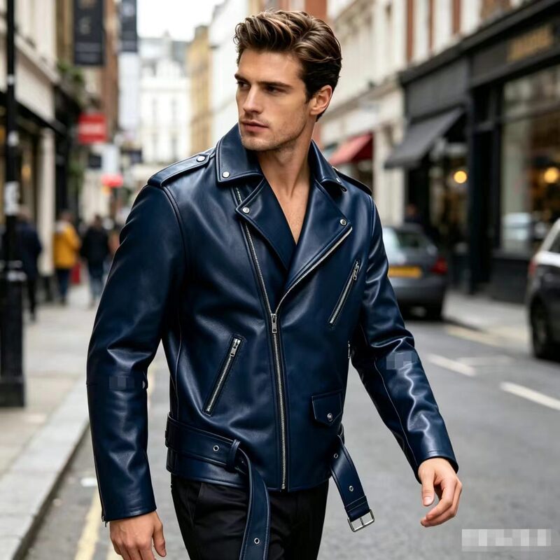 2026 Spring New Haining Pu Leather Motorcycle Jacket Men's Leather Jacket Slim Fit Suit Lapel Large Size Men's Clothing