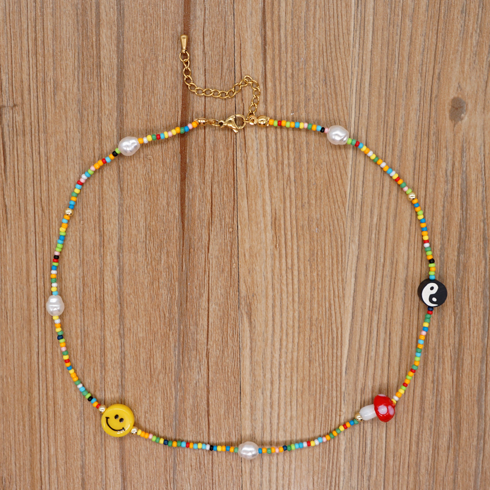 fashion bohemian beaded smiley face glass necklace