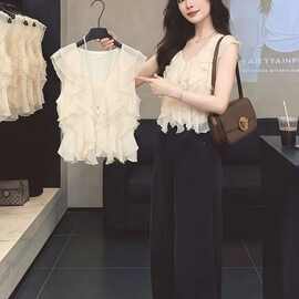杏色v领荷叶边无袖泰国绝美小吊带背心女夏季美背短款外穿上衣薄