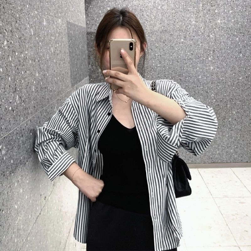 黑白条纹防晒衬衫女2025秋冬新款小个子休闲宽松薄款长袖衬衣外套|undefined