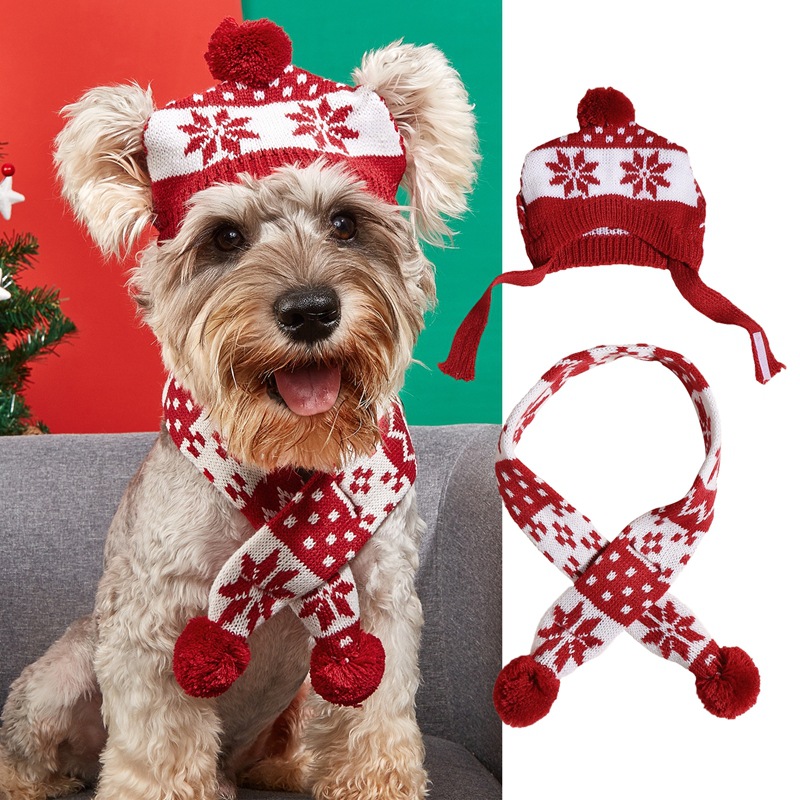 Natal novo cão de estimação malha bonito quente bola de pelo floco de neve triângulo xadrez multi cor cachecol chapéu conjunto_voghion.com