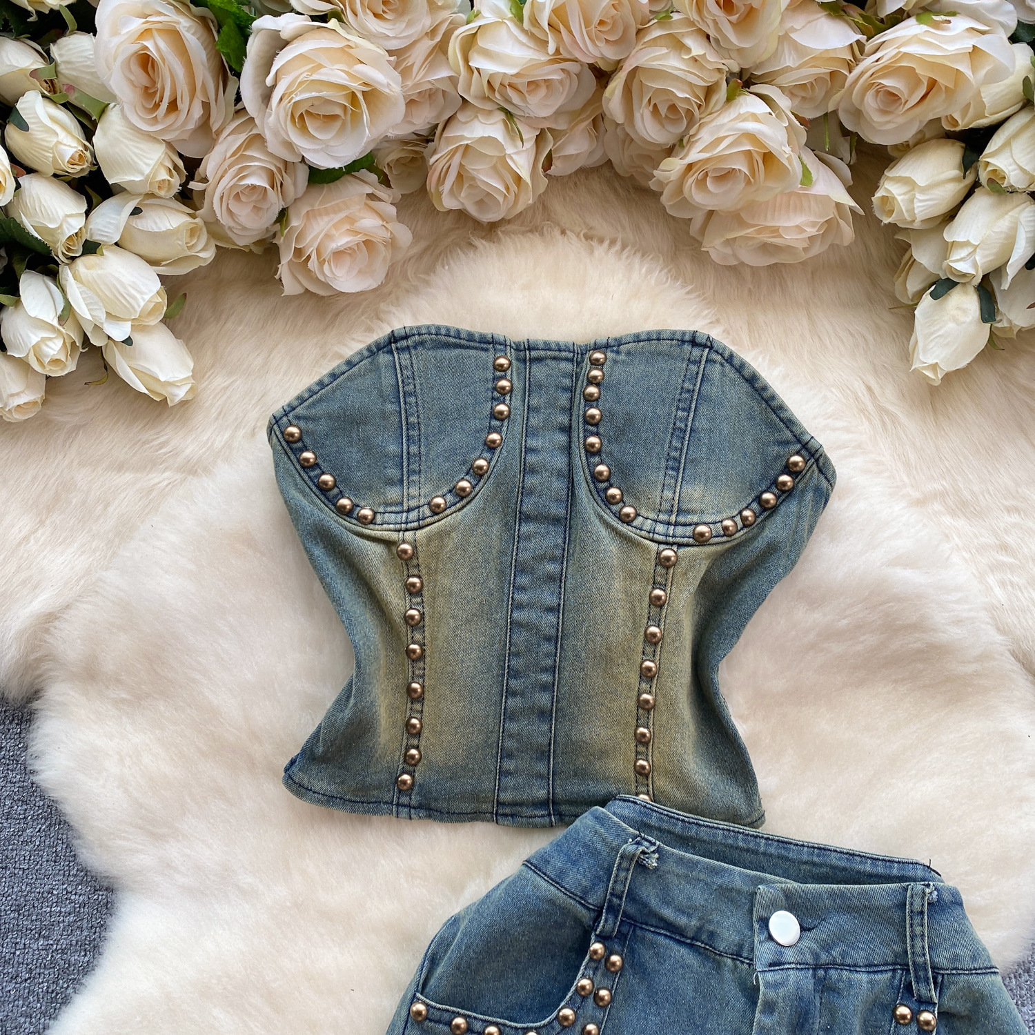 Women's Slimming Beaded Denim Suit Sexy Strapless Top High Waist Slightly Flared Length Retro American Two-Piece Outfit_ecoleips.com