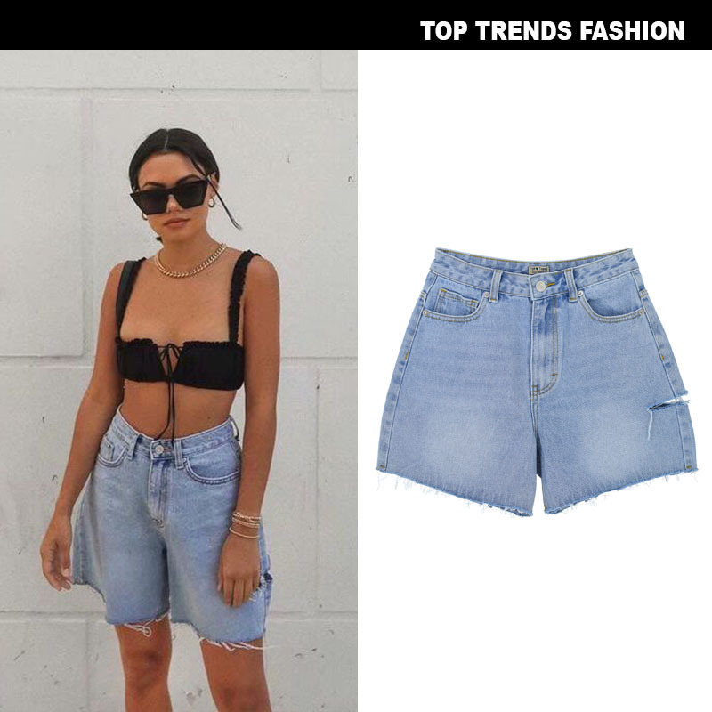 European and American Women's Summer High Waist Loose Casual Straight Denim Shorts chic Street Riding Pants Side Ripped