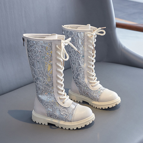 Girls' single boots 2024 autumn and winter new children's sequined princess high boots Korean style girls' fashion non-slip boots