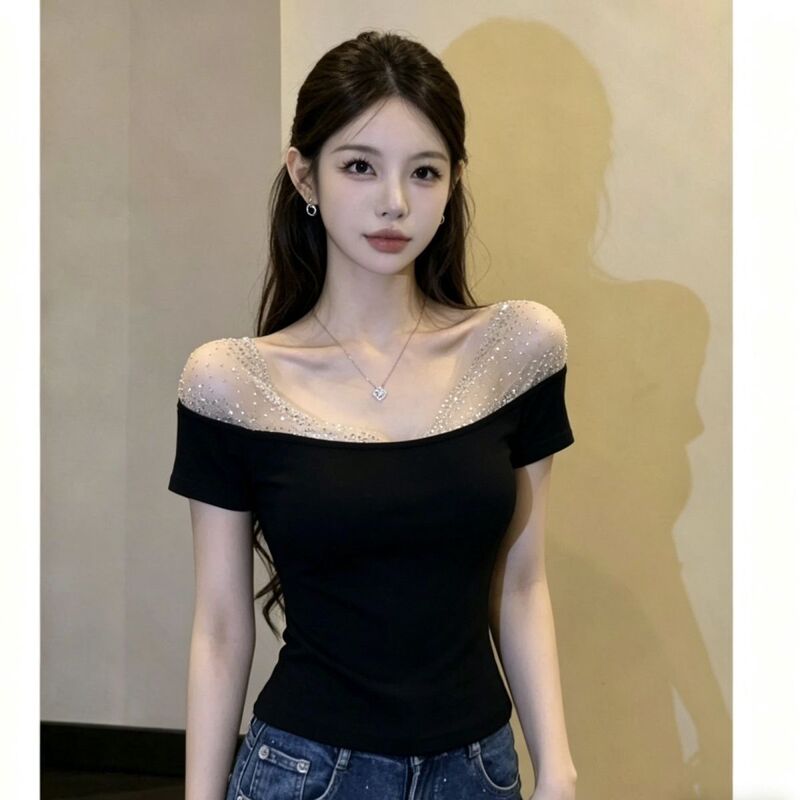 Rhinestone Mesh Patchwork Off-Shoulder Long-Sleeve T-Shirt for Women, 2025 New Style, Elegant Slim-Fit Top Rhinestone Mesh Patchwork Off-Shoulder Long-Sleeve T-Shirt for Women, 2025 New Style, Elegant Slim-Fit Top