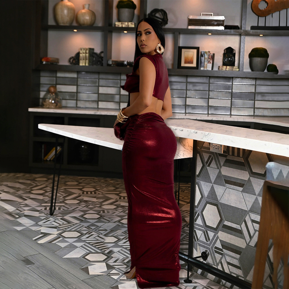 Sexy Women Clothing Solid Color Sleeveless Short Top Skirt Sets