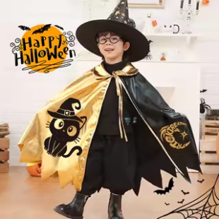 Cross-Border New Halloween Children's Magician Cloak Star Cloak Five-Star Black Gold Wizard Costume Hat Set