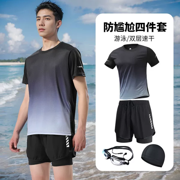 Short-sleeved anti-embarrassment swim trunks, men's hot spring suit, swimming equipment, summer quick-dry new large size loose swimsuit