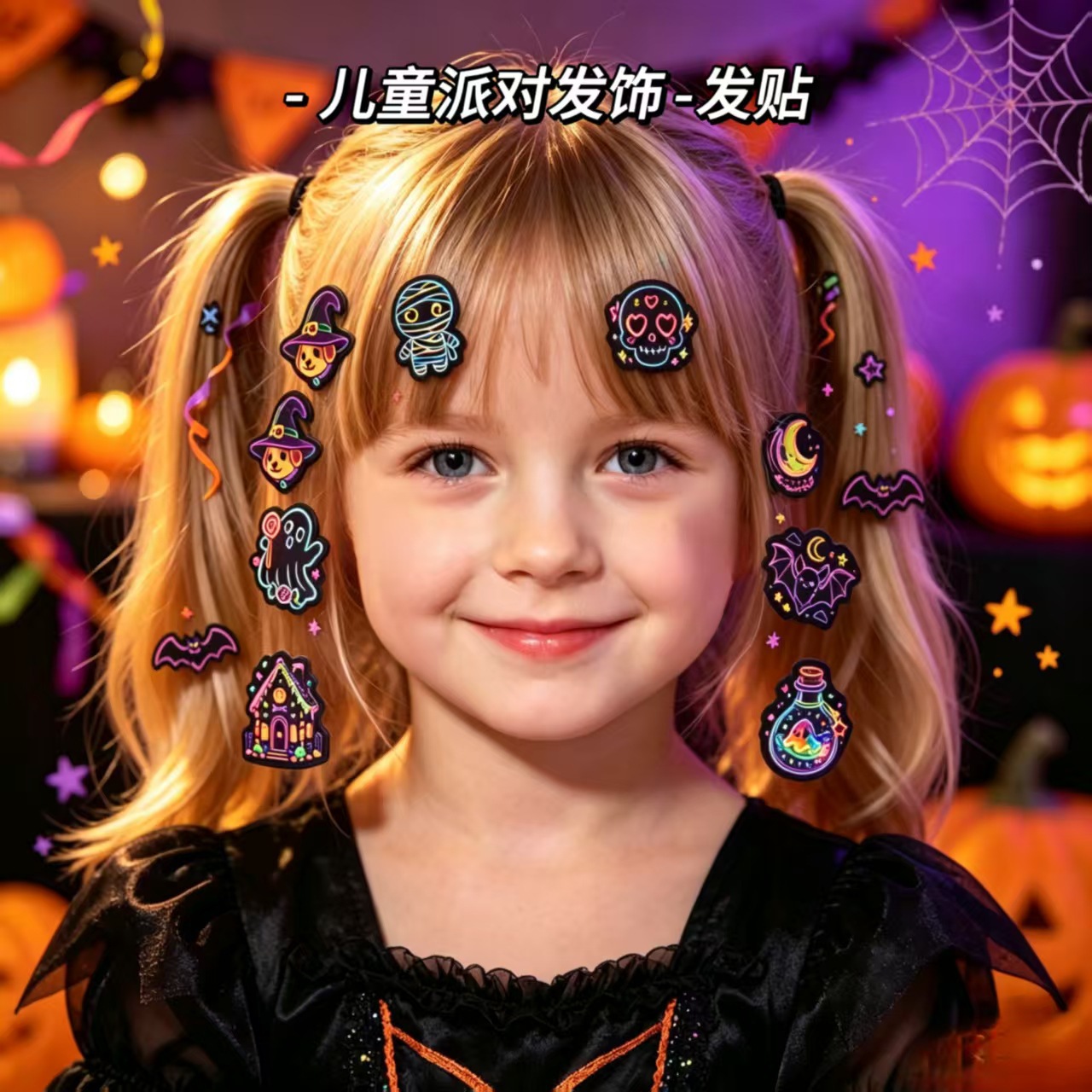 Cross-border bestseller: Neon Halloween bangs stickers, universal for adults, sweet and cool party hair accessories, perfect for kindergarten costumes