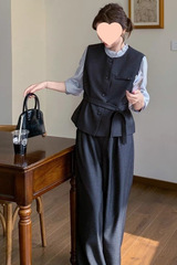 超火收腰马甲阔腿裤套装女春秋三件套韩系超火减龄穿搭设计感