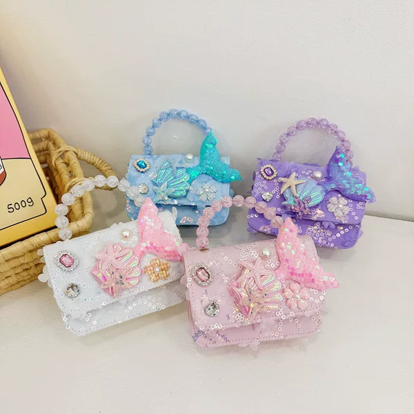 New Children's Pearl Handbag Cute Mermaid Lace Princess Bag Women's Treasure Fashion Play Matching Crossbody Bag