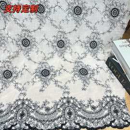 中国风麻纱多色女装棉布刺绣面料黑线绣花立体服装连衣裙棉麻面料