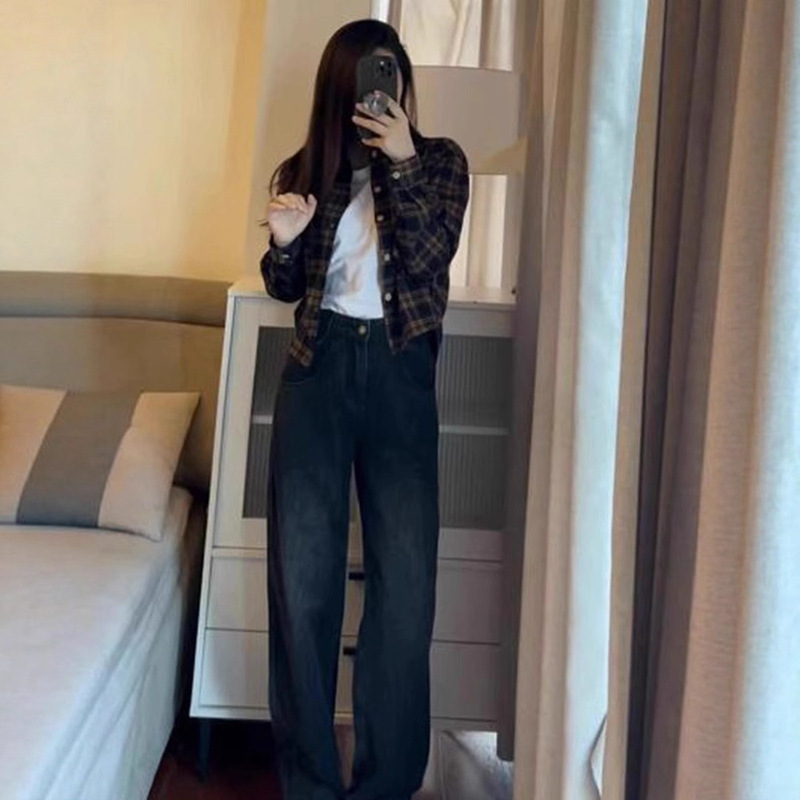 磨毛格子衬衫女短款外套春秋2025新款长袖上衣小个子开衫衬衣|undefined