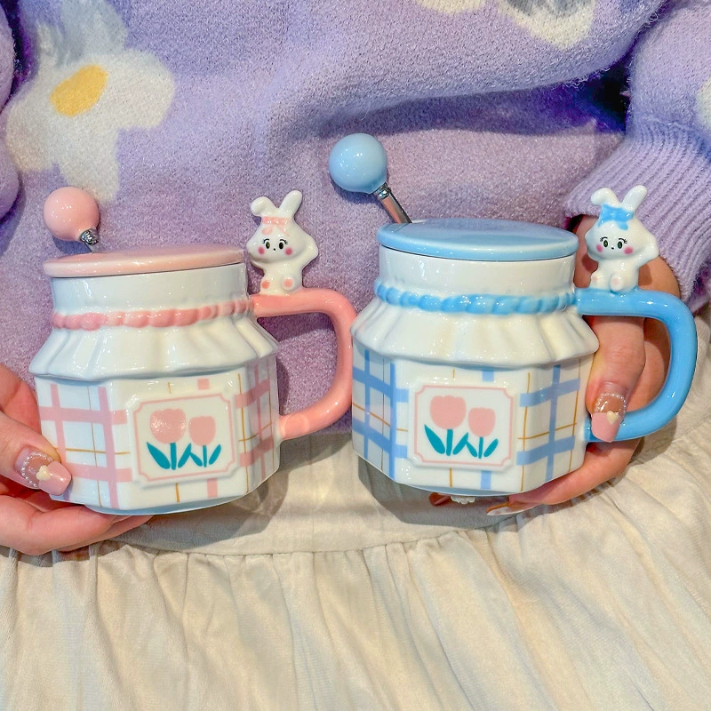 Керамическая кружка Zuomu INS Feng Bunny Tulip для девушек, 350 мл, синий или фуксия — милый офис/школа