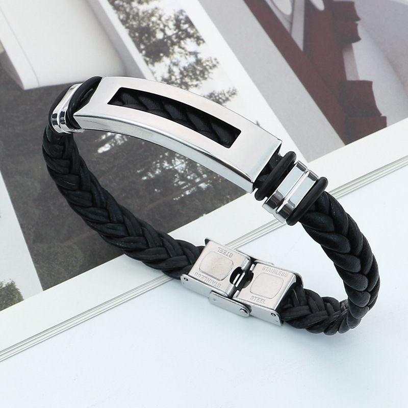 European and American foreign trade fashion Men's retro titanium steel bracelet stainless steel hollow woven leather braided rope bracelet wholesale