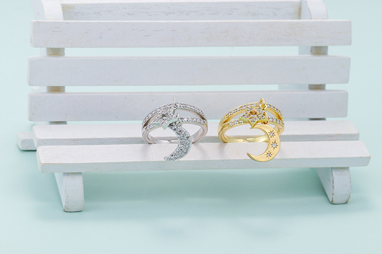 4g Weight Zircon Inlay Material Birthday Occasion Fashion Micro-inlaid Zircon Double-layer Hollow Five-pointed Star Crescent Ring