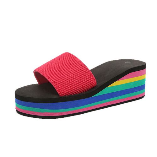 Thick-soled women's open-toe outdoor slip-on 2025 European-style rainbow fashionable casual wedge height beach sandals with one-piece design