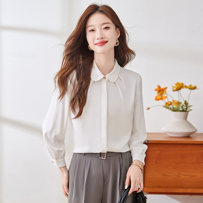 Workplace Commuter All-match Blouse Spring and Autumn New Style Western Style Casual Doll Collar Shirt Elegant Acetate Satin Top