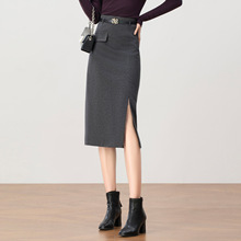 气质通勤灰色毛呢半身裙女秋冬2025新款侧开叉过膝直筒包臀中长裙