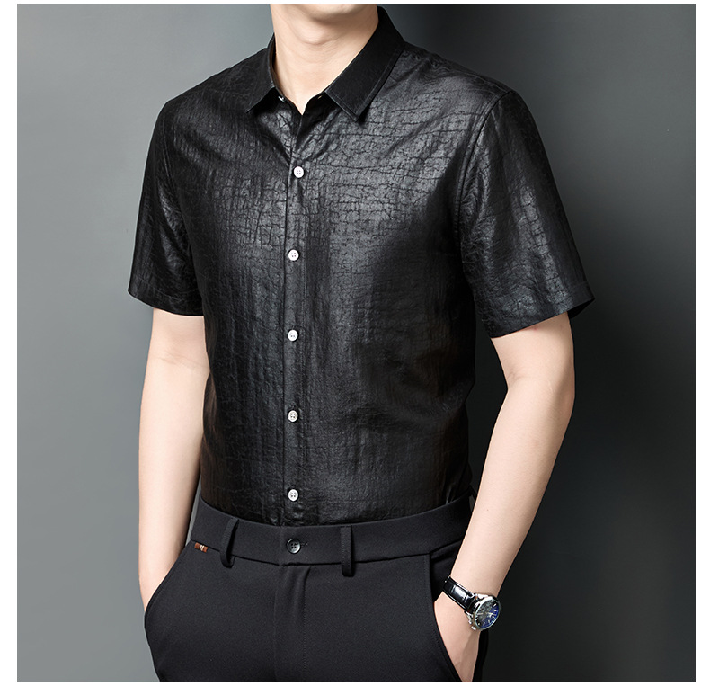 Áo sơ mi nam tay ngắn cổ bẻ chất lụa tơ tằm cao cấp họa tiết vân rùa — Đỏ HT5906 chi tiết 16