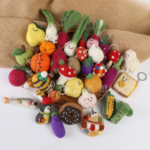 Nepalese Handmade Wool Felt Finished Products: Realistic Vegetable, Fruit, and Bread Ornaments, Carrot and Chili Keychains, Car Hangings