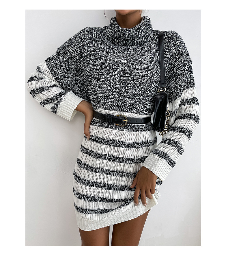 turtleneck striped stitching knitted mid-length sweater dress nihaostyles wholesale clothing NSDMB88650