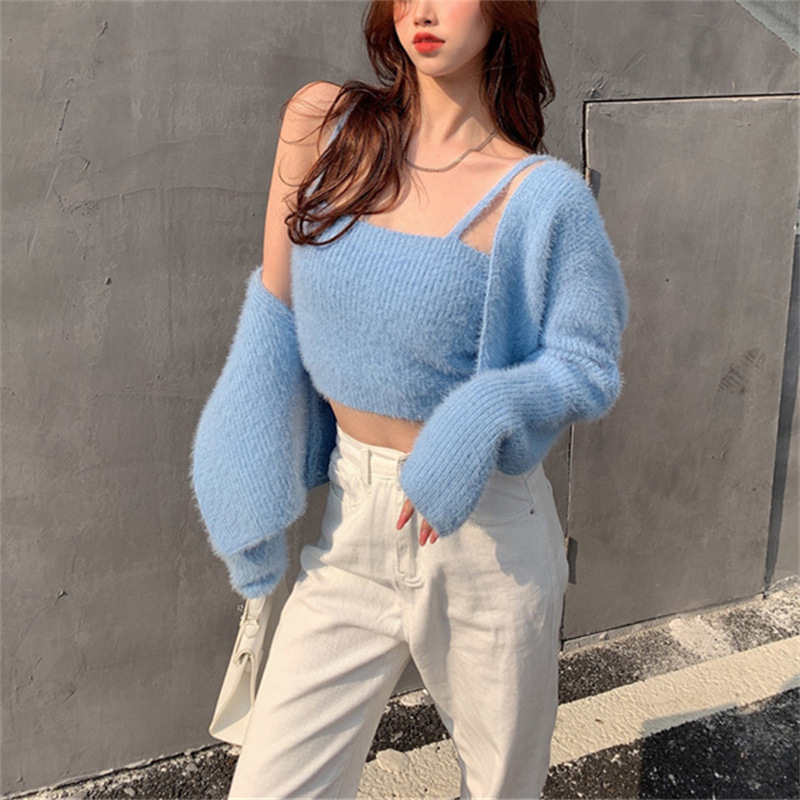 Sexy Cardigan 2023 Autumn/Winter New Product   Mink Wool Chest Wrapping Two Piece Set Korean Knitted Sweater for_voghion.com