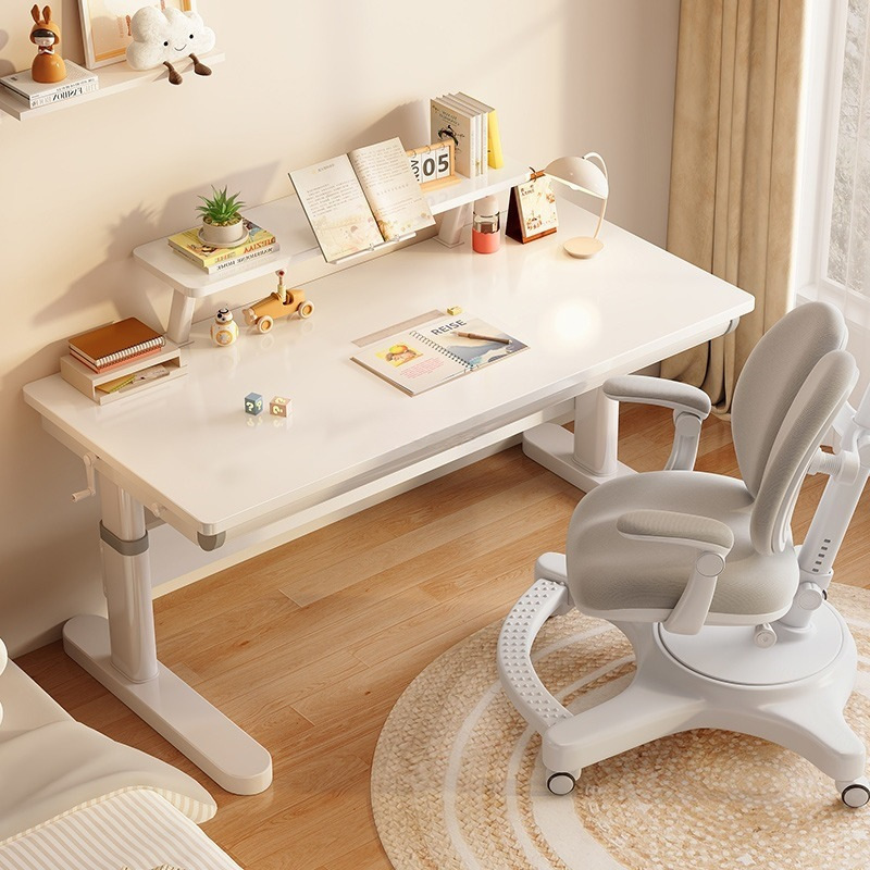 Children's Study Table for Primary School Students, Large White Writing Desk, Desk and Chair Set, Manual Lifting Solid Wood Desk