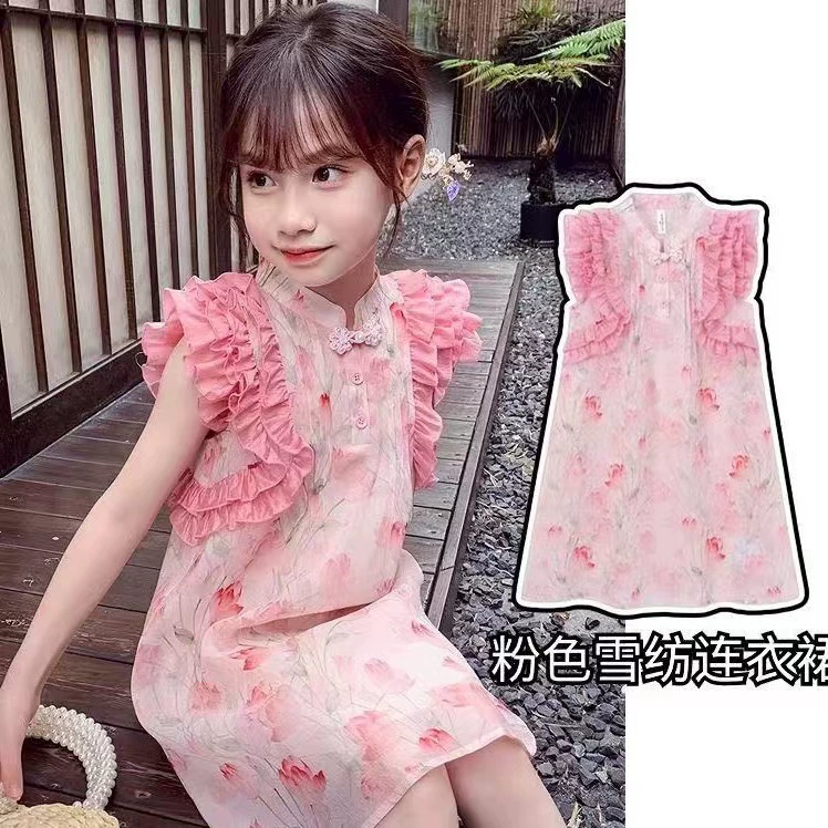 Летнее платье для девочек 2024 новый стиль чужой ребенок маленький летающий рукав платье принцессы маленькая девочка новый китайский стиль юбка